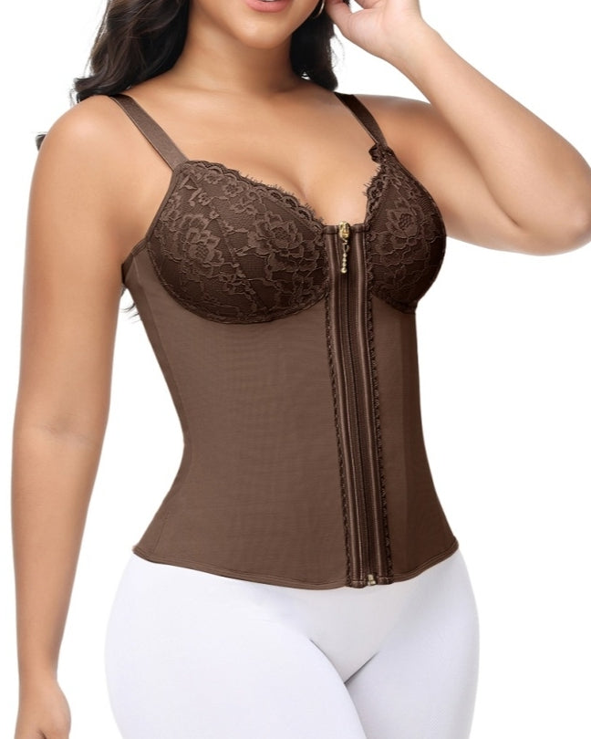 Deep V Lace Corset Top Trimmed Waist Trainer with Front Zipper
