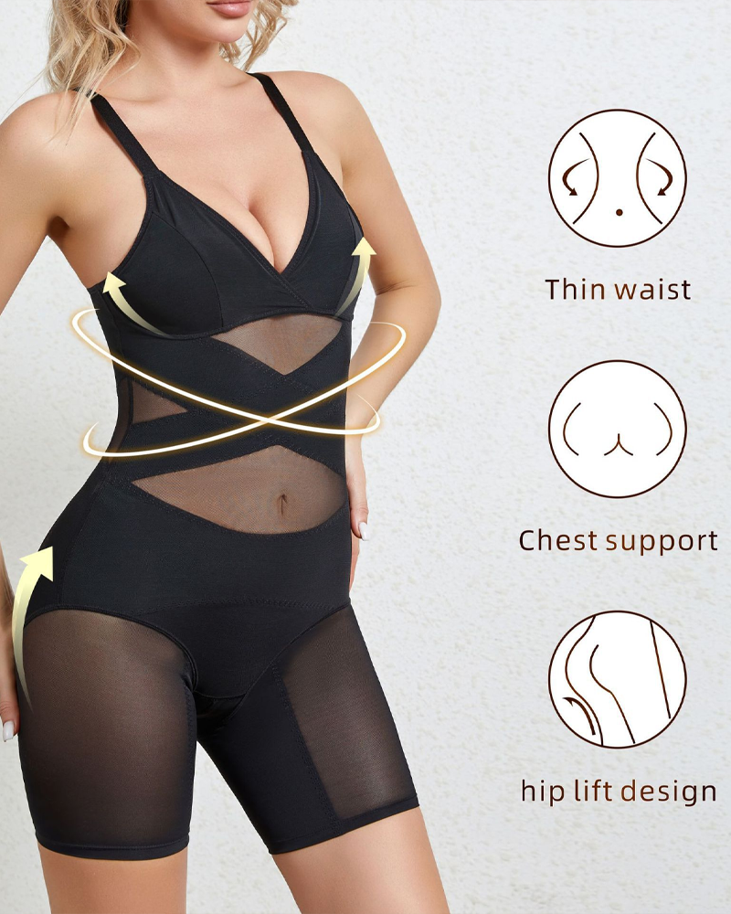 Crisscross Mesh V-Neck Shapewear Bodysuit