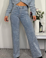 Sparkling Rhinestone-Embellished Straight-Leg Jeans