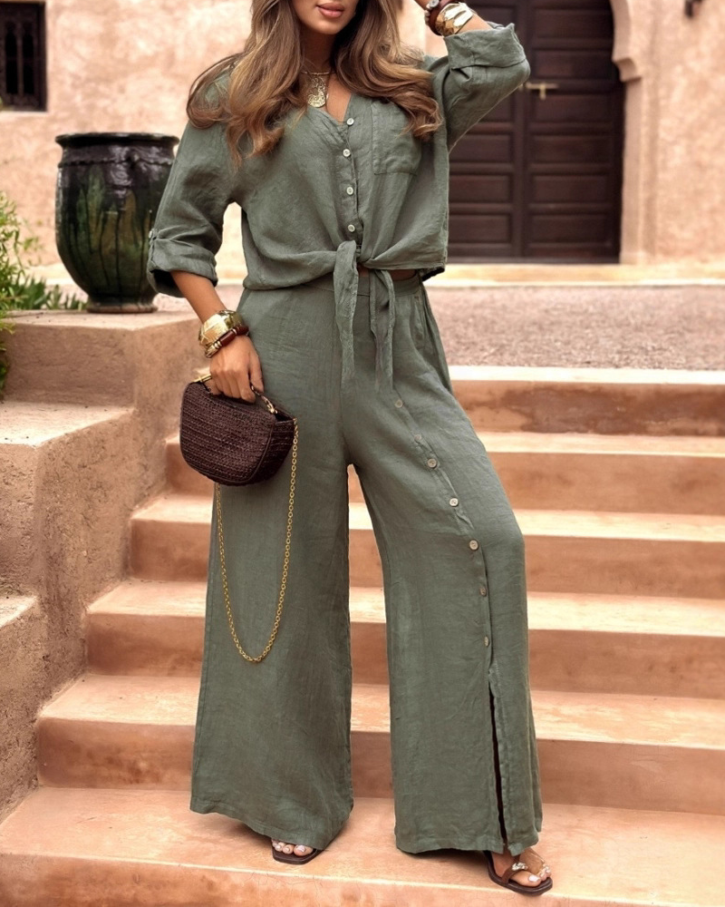Casual Tie Front Shirt Wide Leg Pants Two Piece Set
