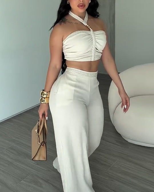 Braided Trim Two Piece Outfit with Flared Trousers
