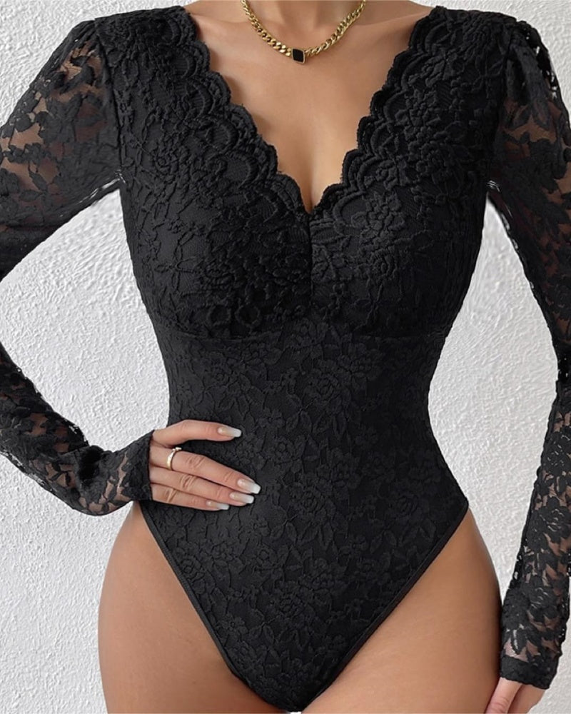 Floral Lace Sheer Long Sleeve Bodysuit V Neck Slim Fit Thong Body Shaper