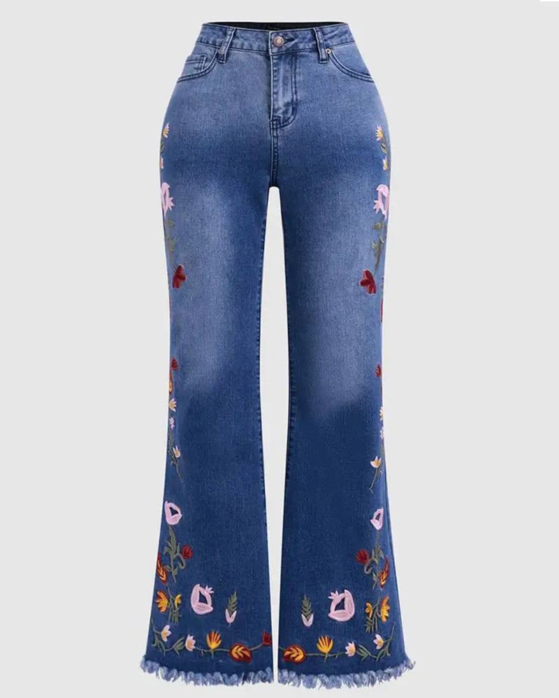 High-Elastic Embroidered Flared Jeans