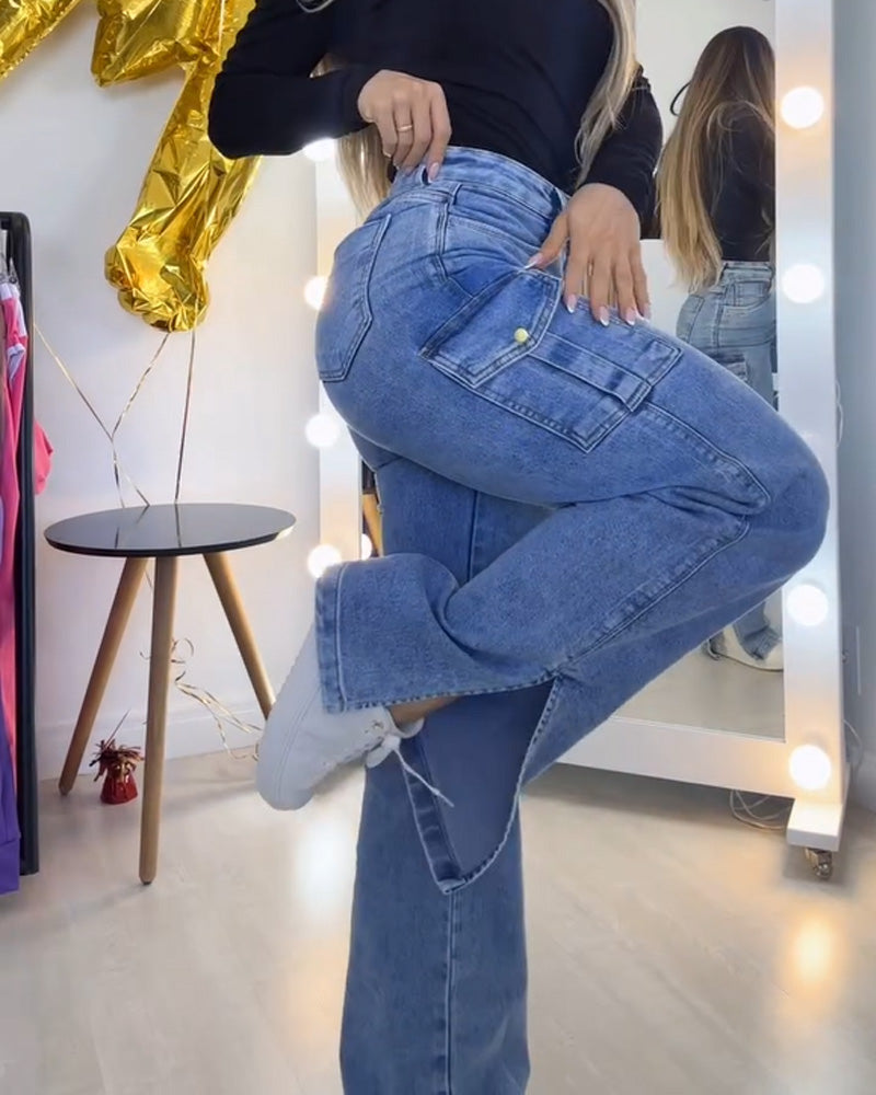 Jeans Cargo Pants for Women Y2K Straight Leg Side Zipper Denim Pants with Pockets Stretch Jeans Streetwear
