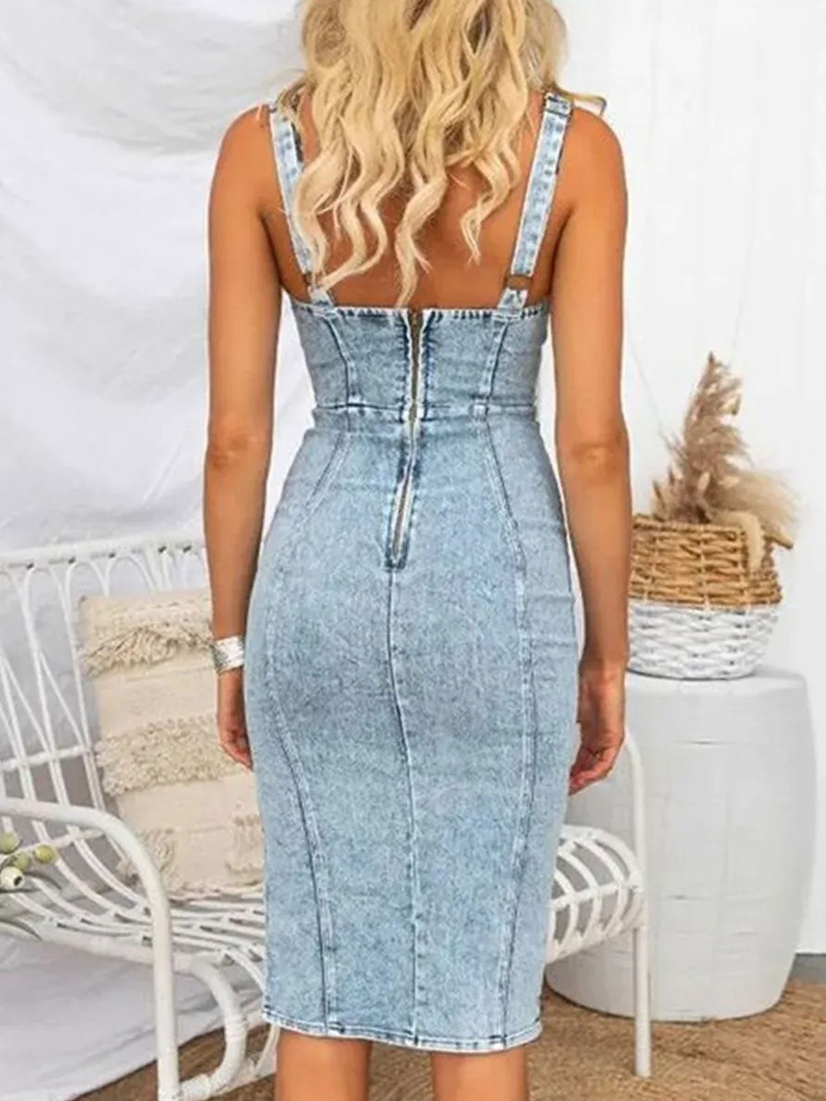 Stretch Sleeveless Denim Dress With Slit