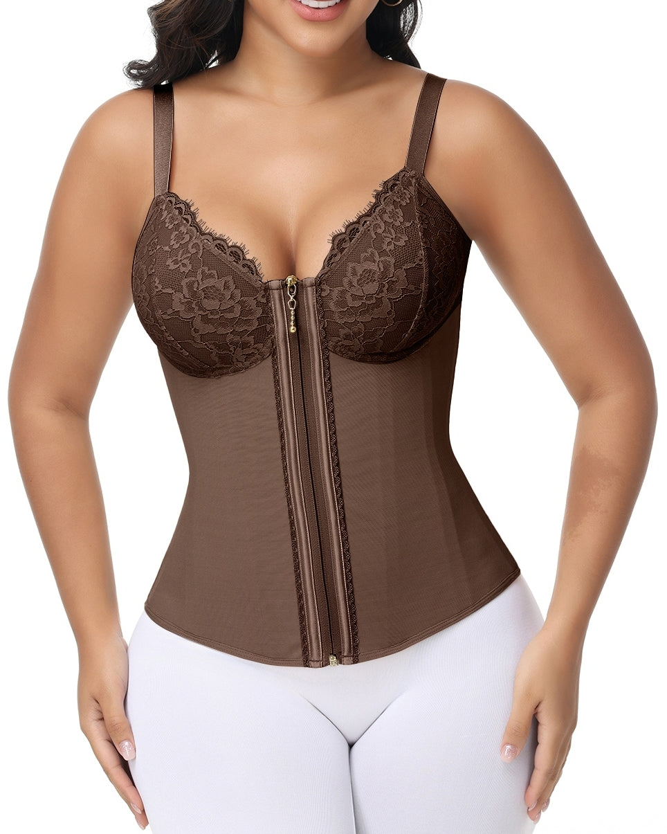 Deep V Lace Corset Top Trimmed Waist Trainer with Front Zipper