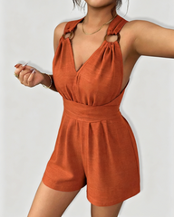 Cross-Back Halter Tie Waist Linen Romper Shorts
