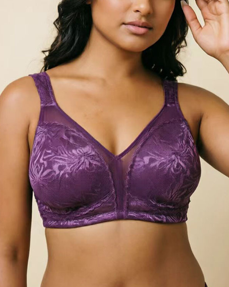 Plus Size Wire Free Jacquard Embroidered Lace Push Up Bra