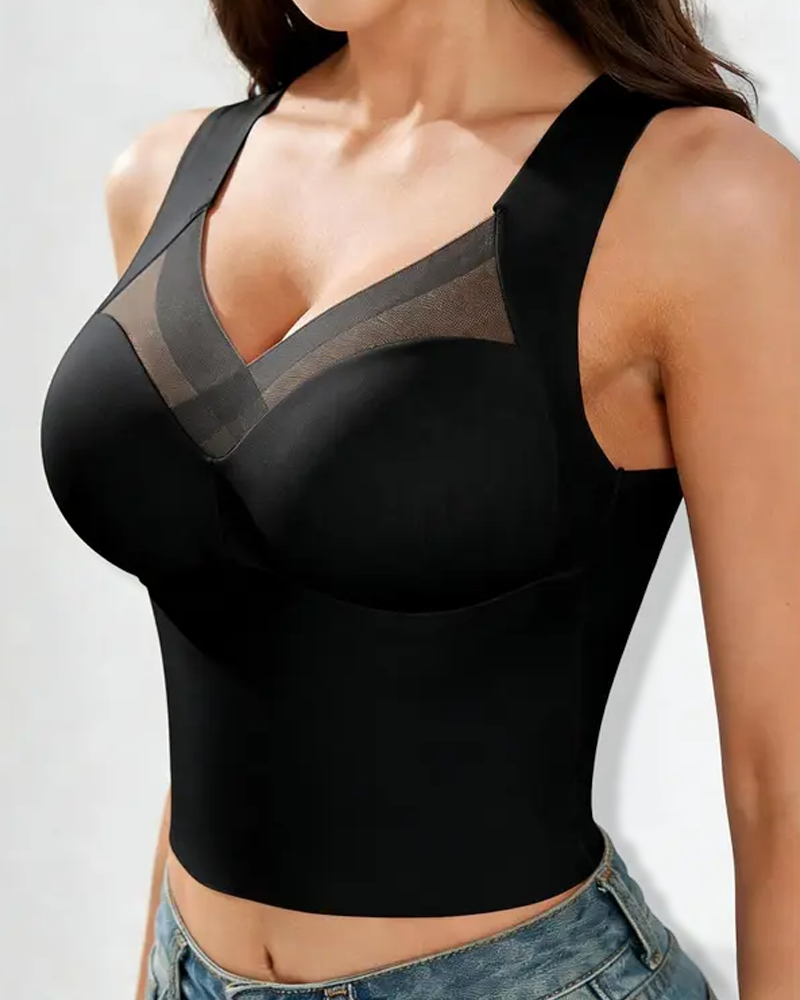 Seamless Mesh Deep V-Neck Wire-Free Built-In Support Shaping Top