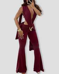Sleeveless Deep V Cutout High Waist Slim Fit Flare Leg Jumpsuit