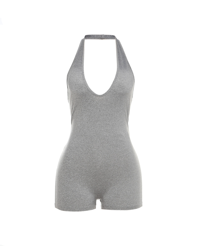 Sleeveless Halter Neck Deep V Backless High-Waisted Bodysuit