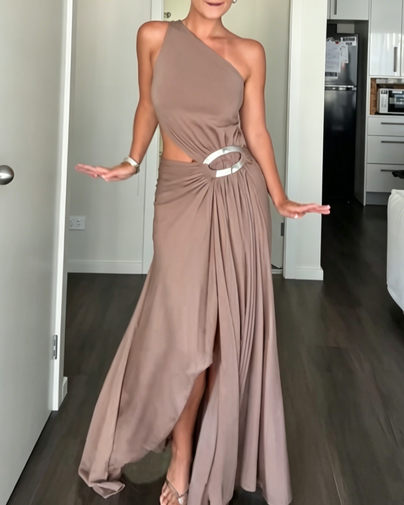 One-Shoulder Cutout Maxi Dress with Silver Ring Detail