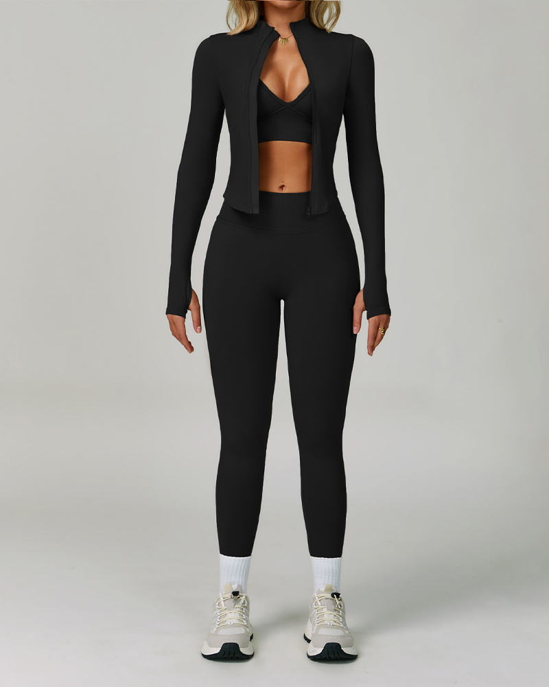 Seamless Slim Fit Quick Dry Tank Top High Waist Leggings Zip-Up Jacket 3Piece Set