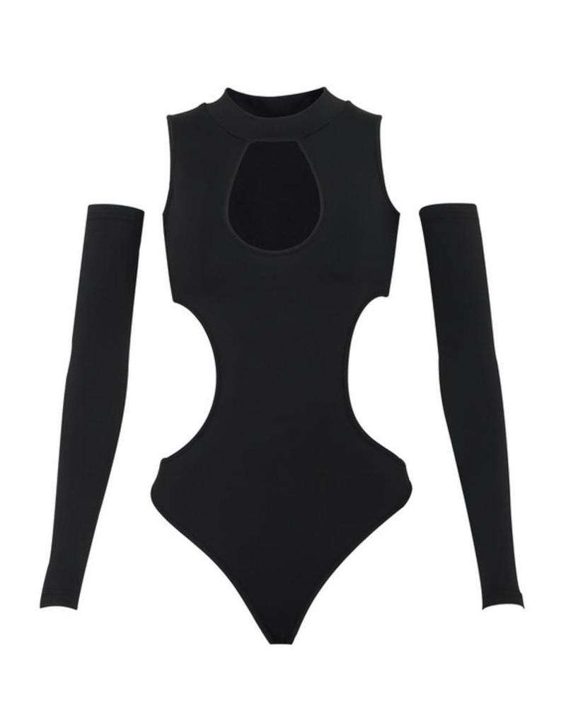 Stylish Solid-Color High-Neck Hollow Out Bodysuit