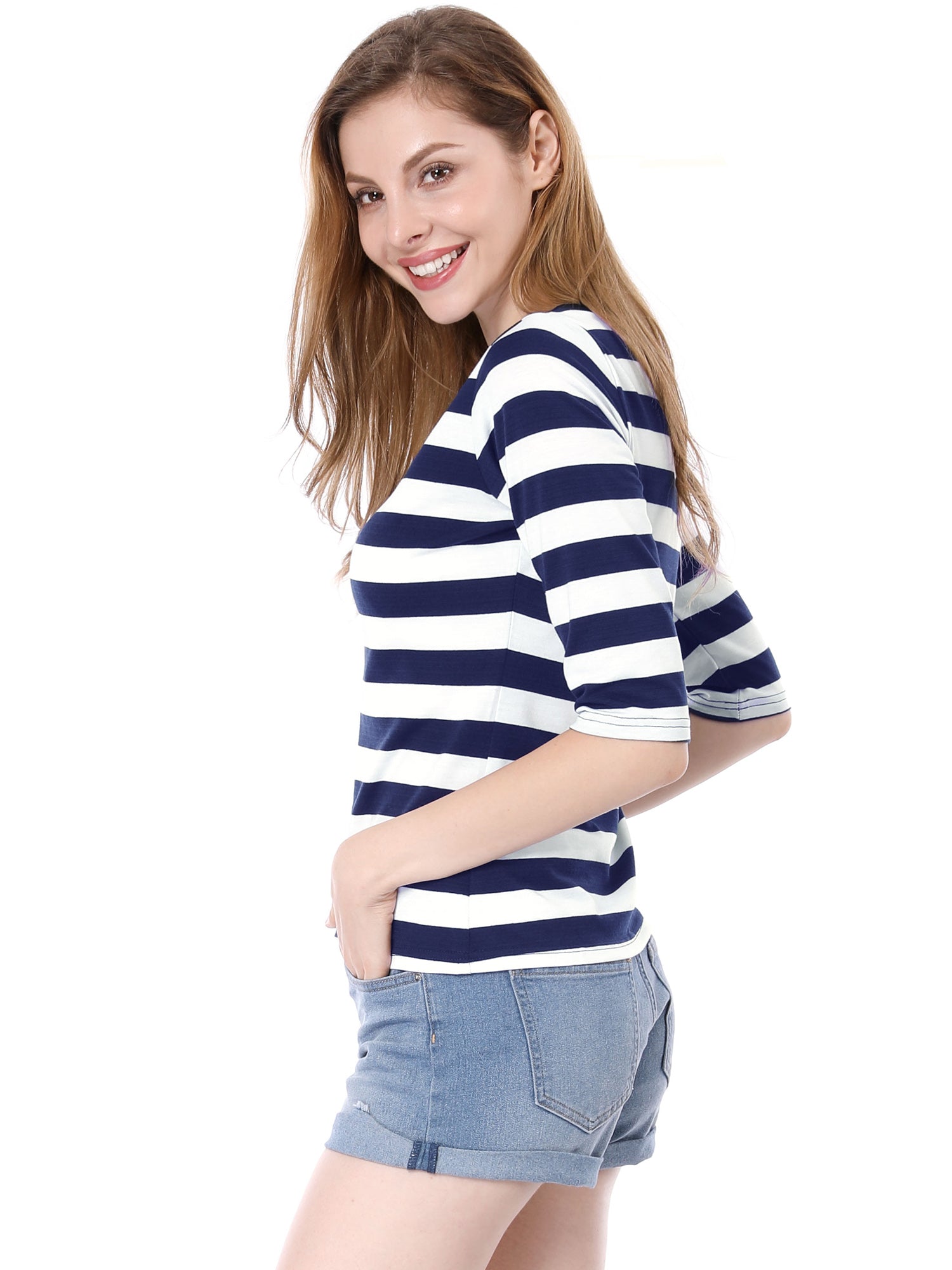 Striped 3/4 Sleeve Round Neck Casual T-Shirt
