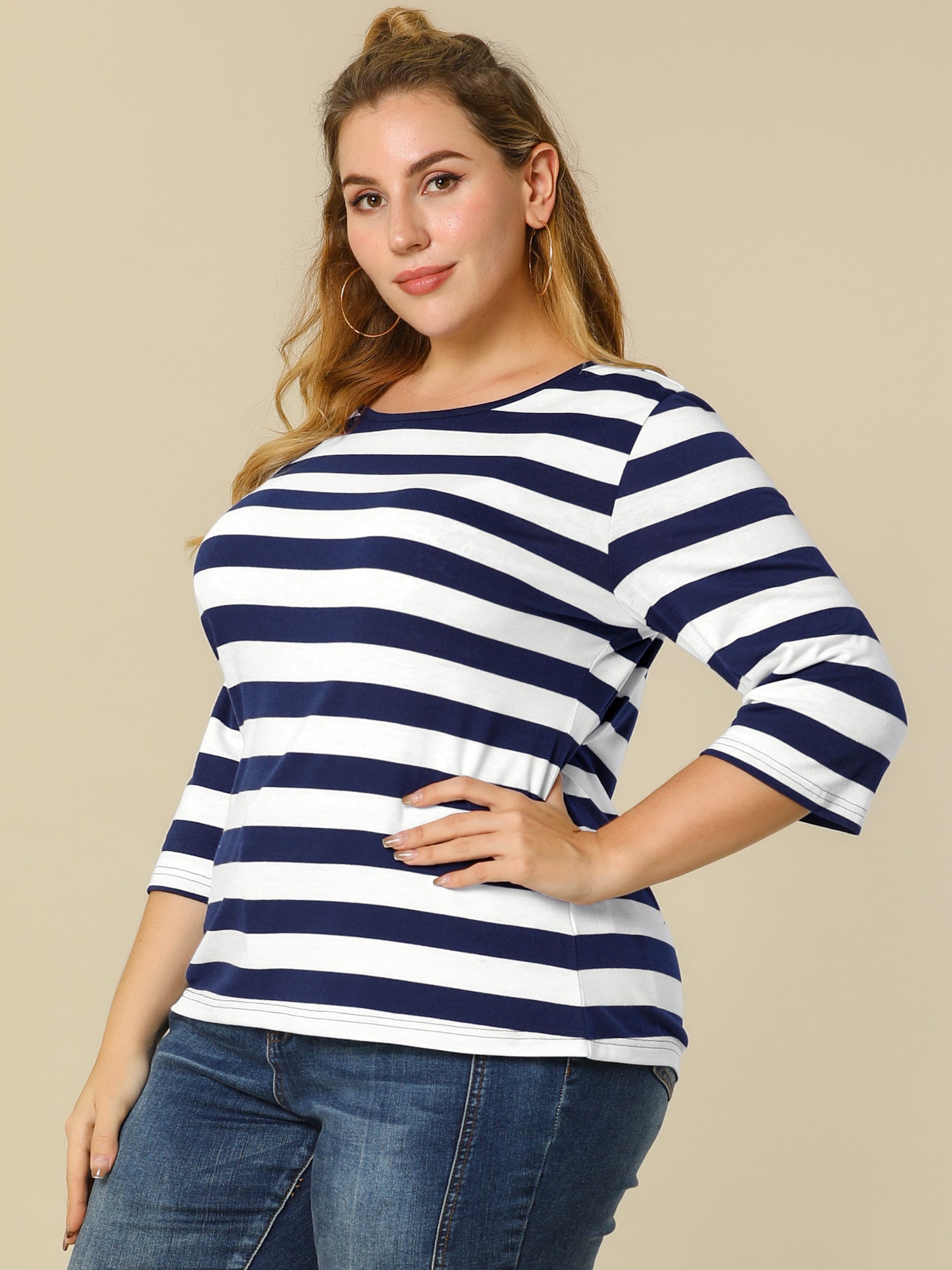 Striped 3/4 Sleeve Round Neck Casual T-Shirt