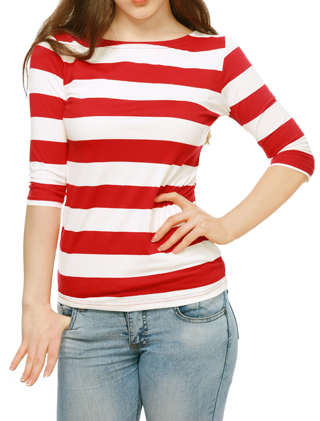 Striped 3/4 Sleeve Casual Basic Boat Neck T-shirt