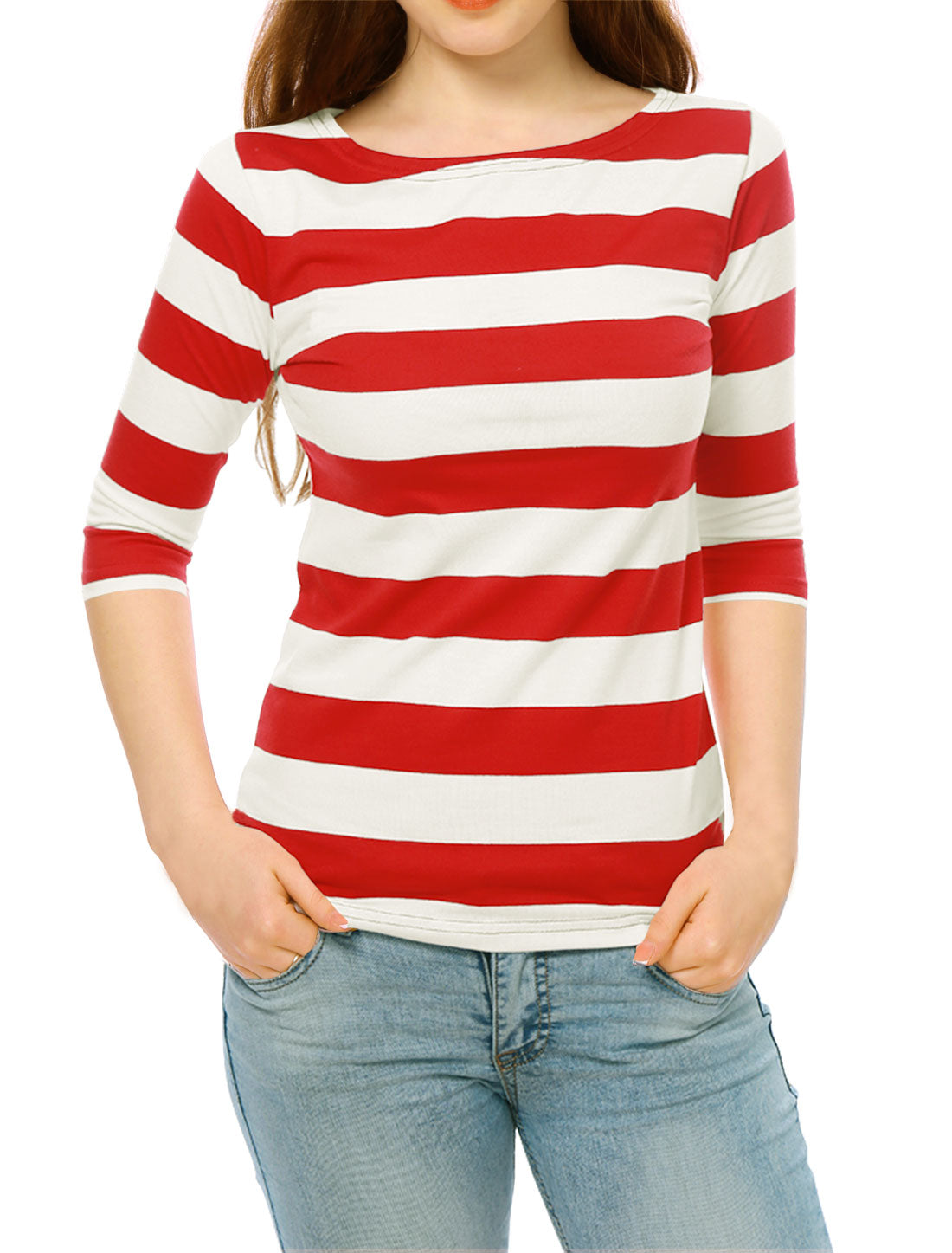 Striped 3/4 Sleeve Casual Basic Boat Neck T-shirt