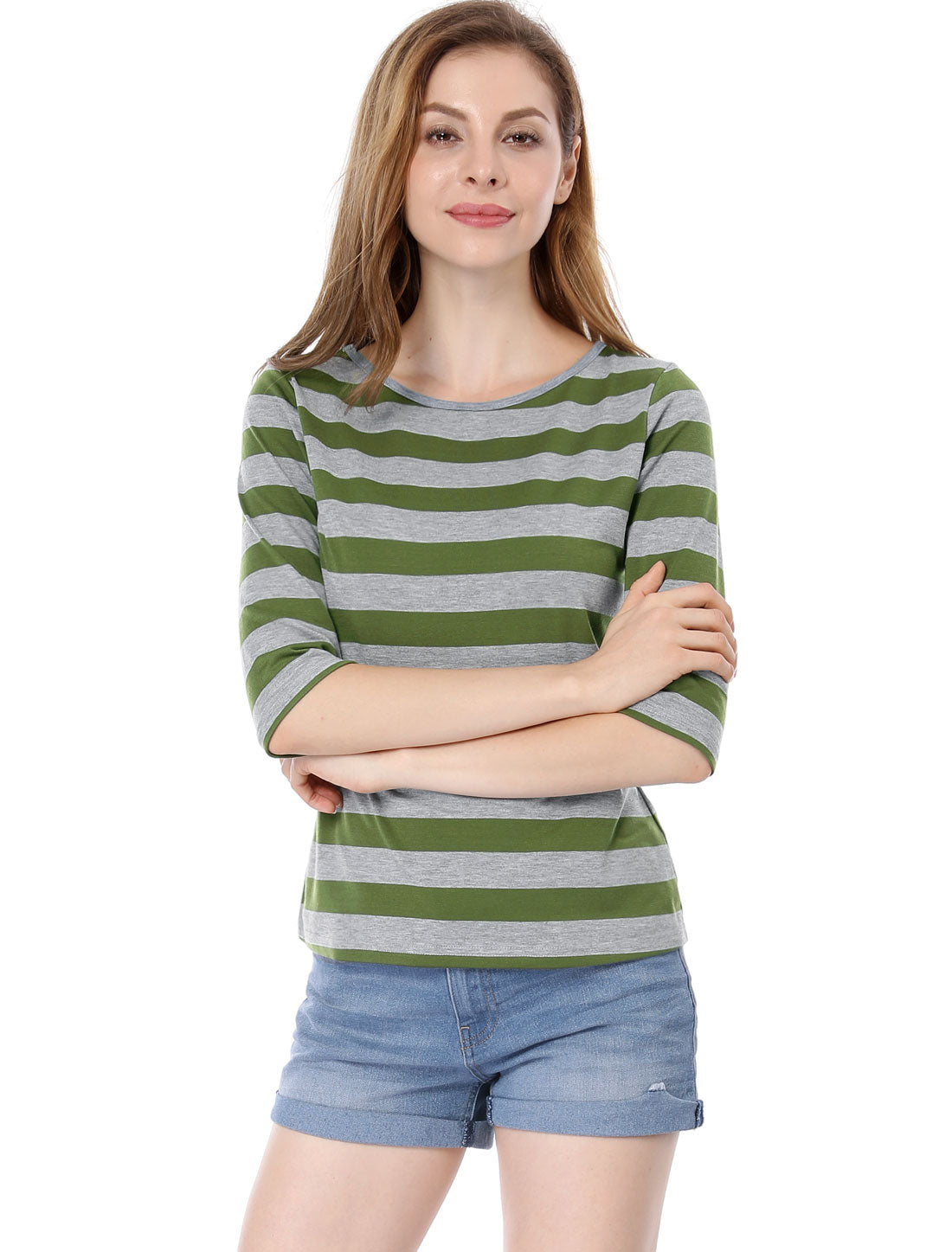 3/4 Sleeve Round Neck Casual Striped T-Shirt