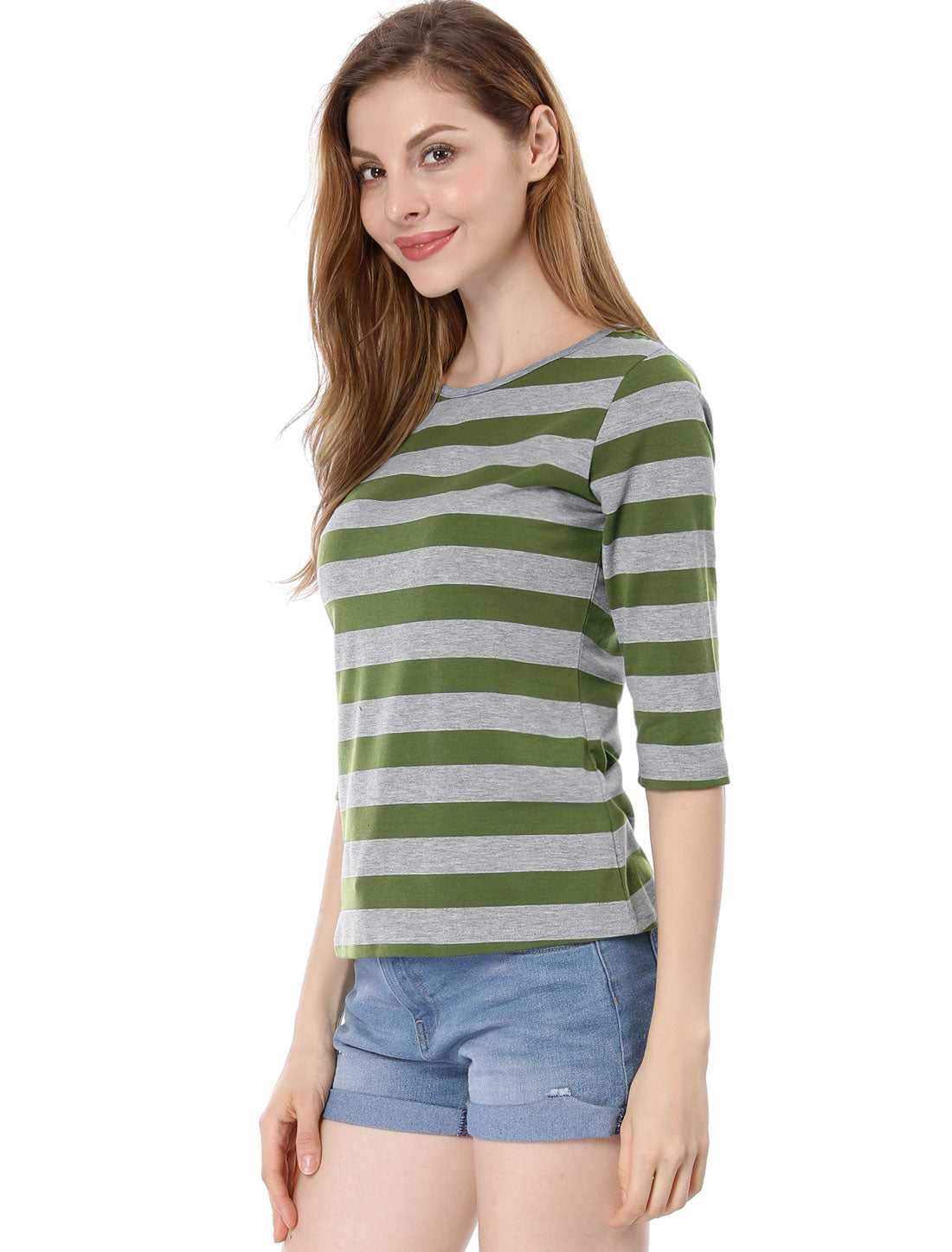 3/4 Sleeve Round Neck Casual Striped T-Shirt