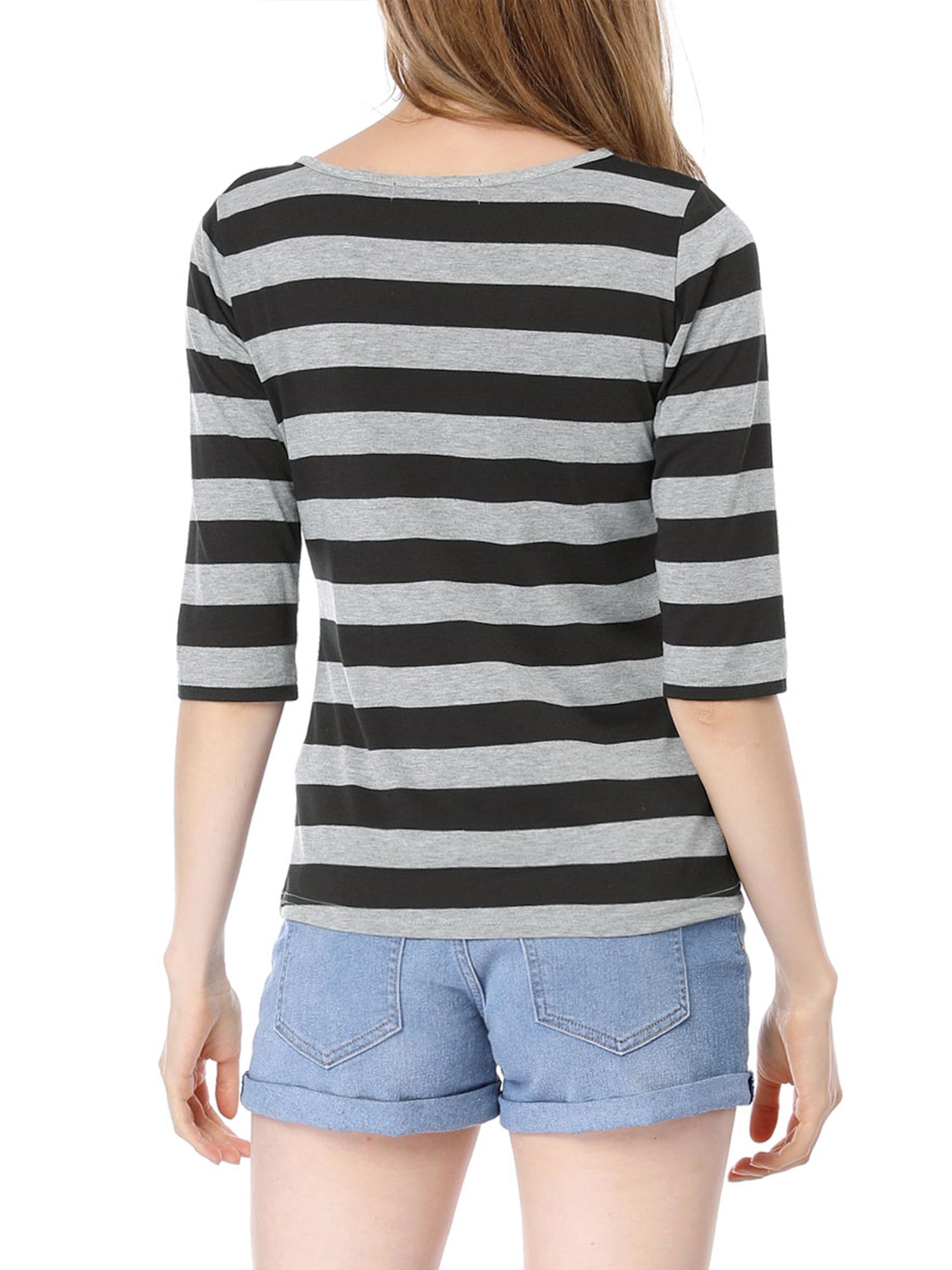 Striped 3/4 Sleeve Round Neck Casual T-Shirt