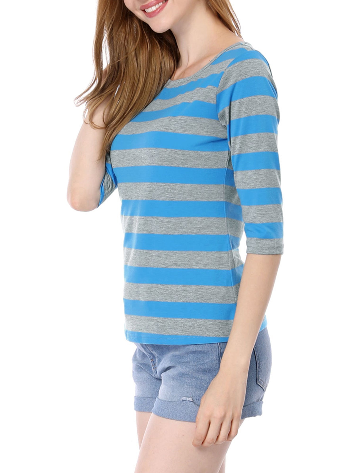 Striped 3/4 Sleeve Round Neck Casual T-Shirt