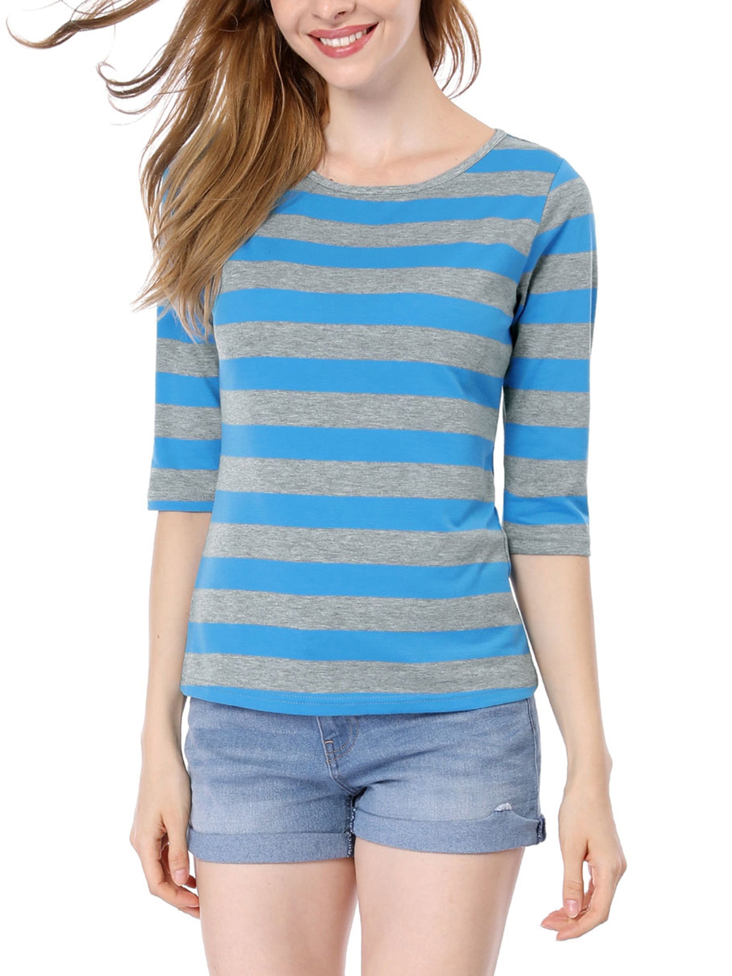Striped 3/4 Sleeve Round Neck Casual T-Shirt