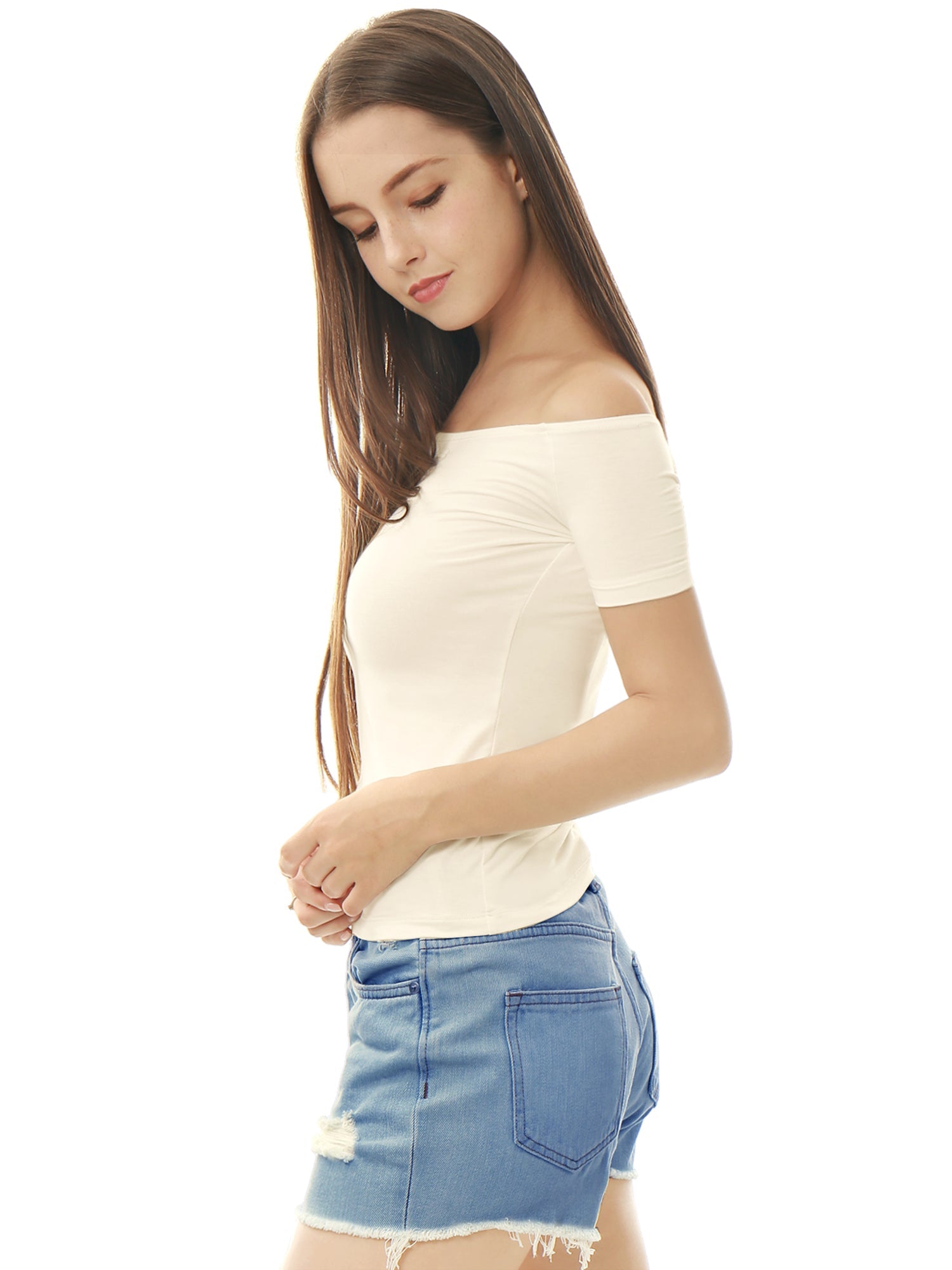 Off Shoulder Short Sleeve Solid Basic Sexy Slim Fit Blouse