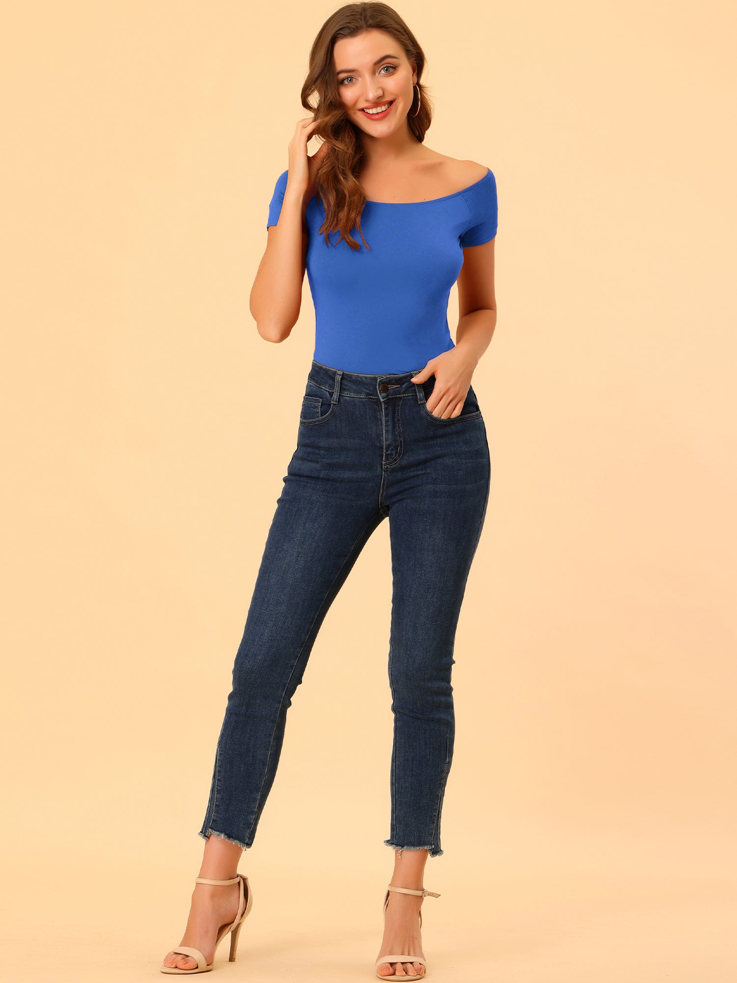 Off Shoulder Short Sleeve Solid Basic Sexy Slim Fit Blouse