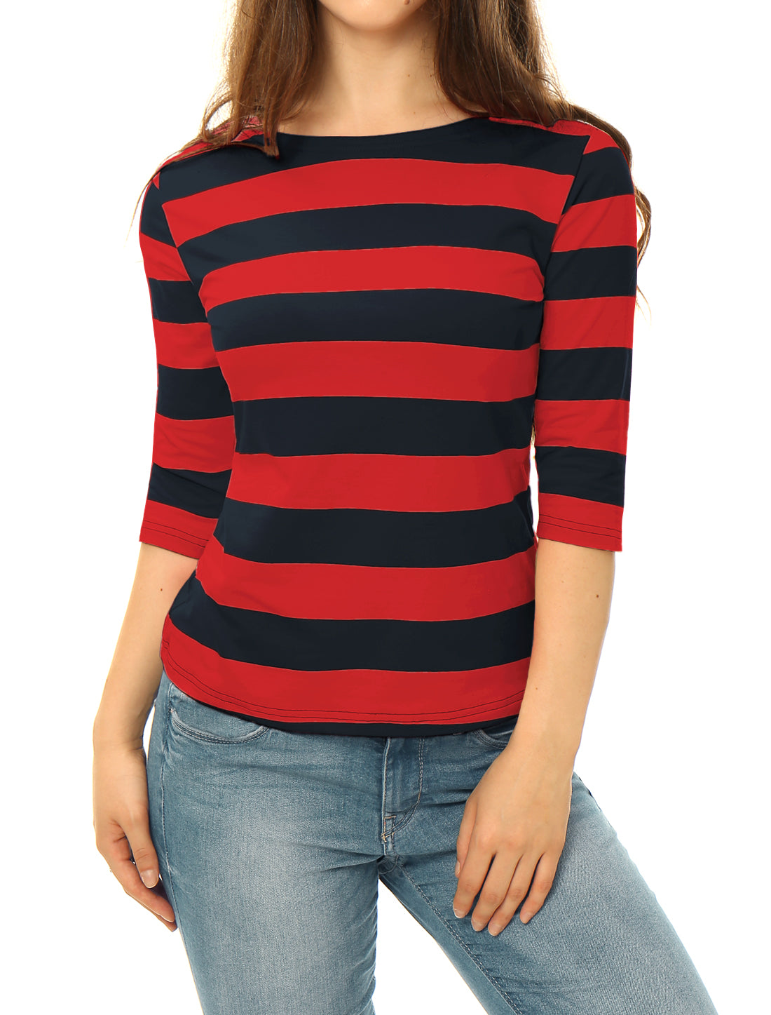 Striped 3/4 Sleeve Casual Basic Boat Neck T-shirt