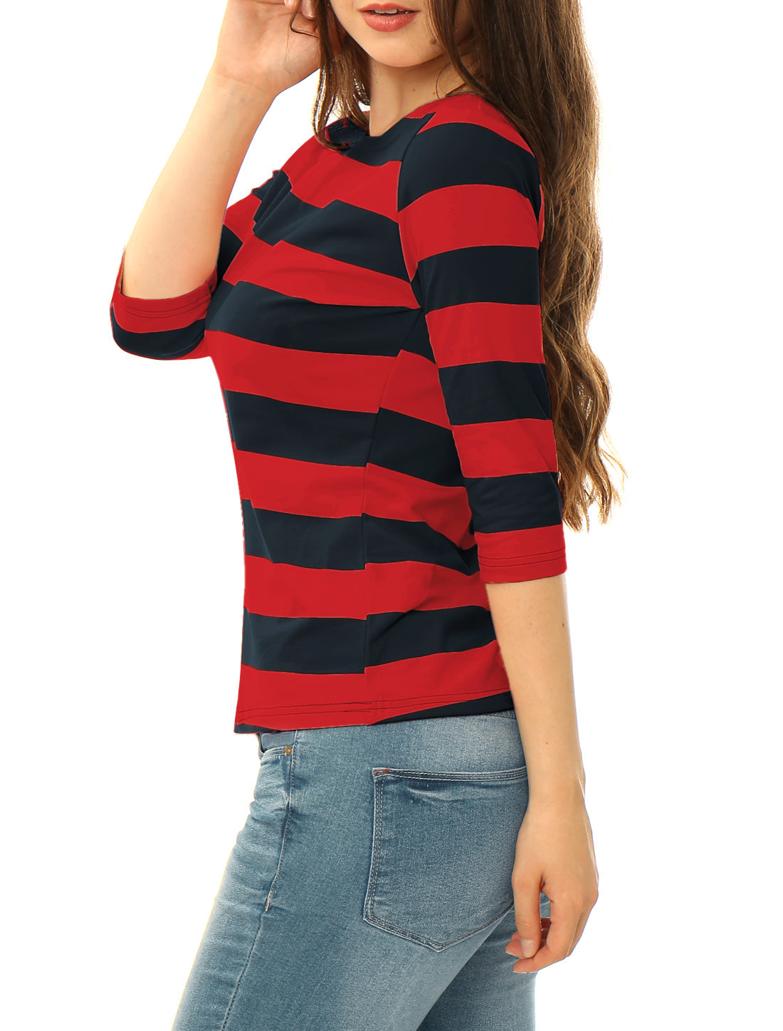 Striped 3/4 Sleeve Casual Basic Boat Neck T-shirt
