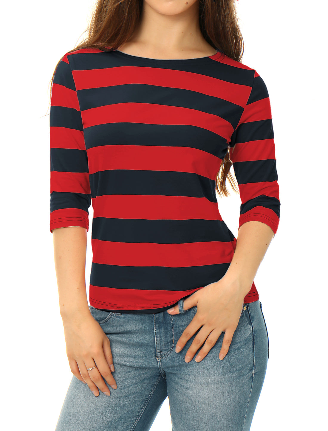Striped 3/4 Sleeve Casual Basic Boat Neck T-shirt