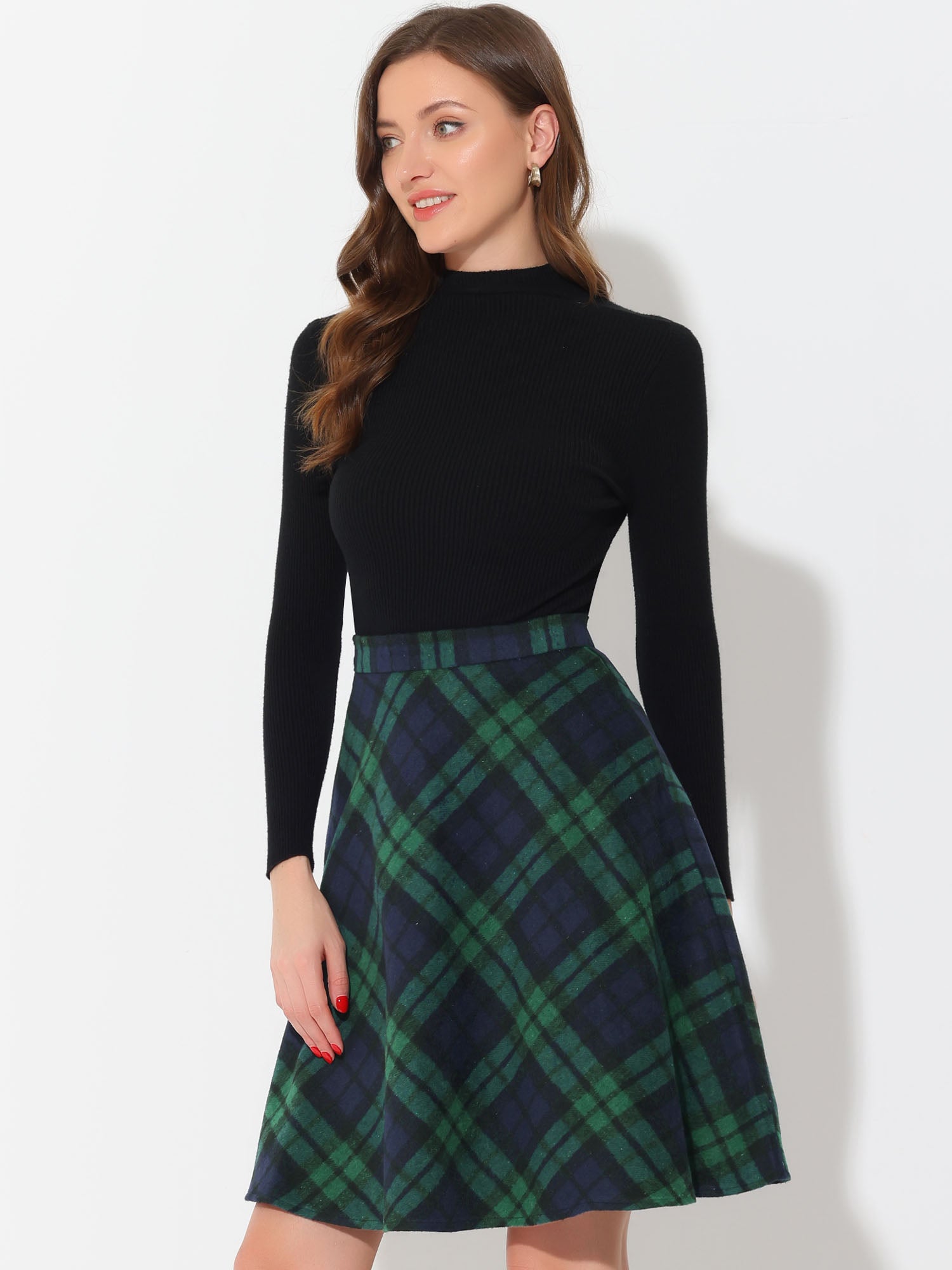 Plaid Tartan Vintage Elastic Waist Knee Length A-Line Skirt