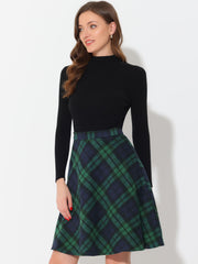 Plaid Tartan Vintage Elastic Waist Knee Length A-Line Skirt