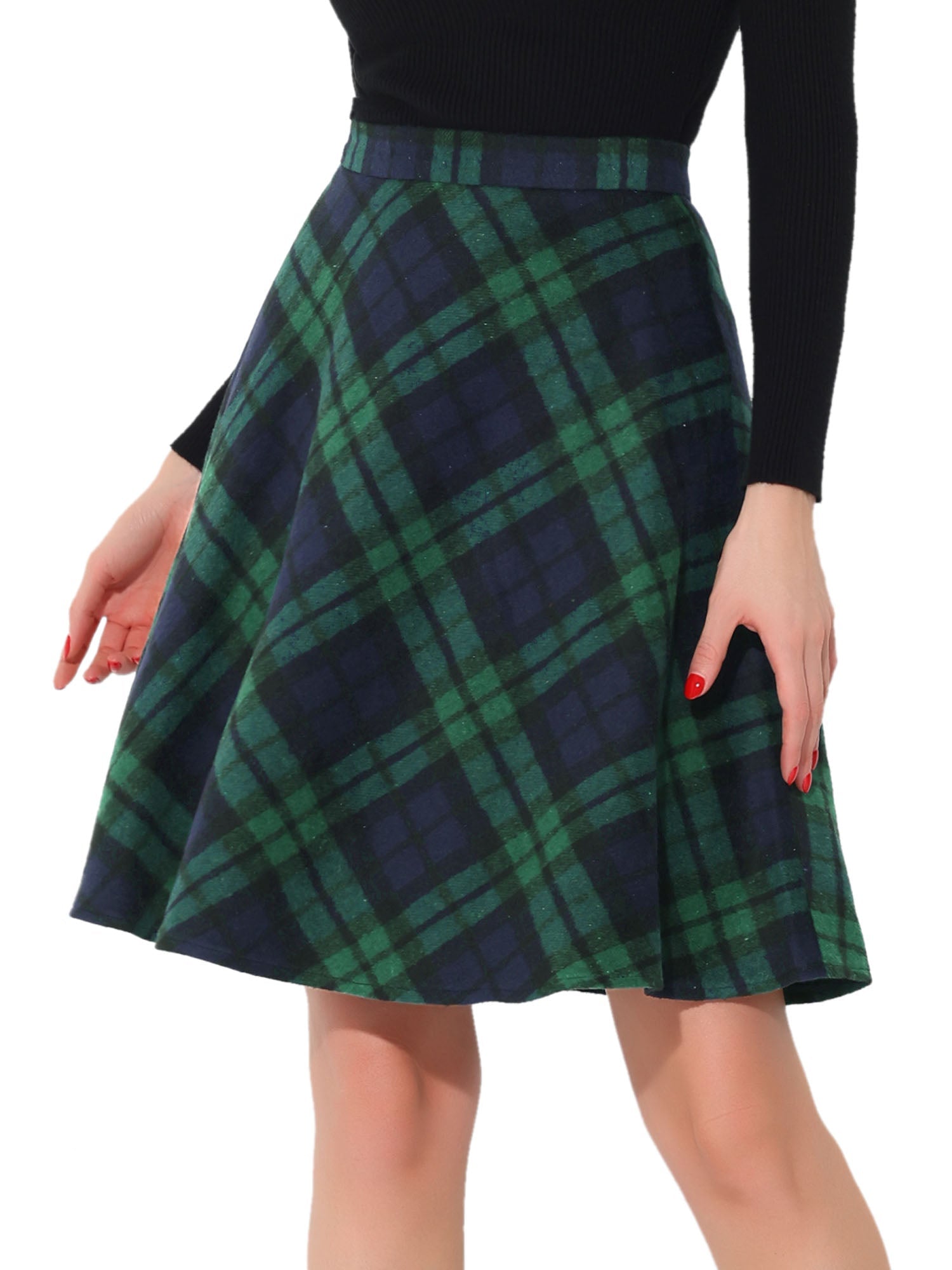 Plaid Tartan Vintage Elastic Waist Knee Length A-Line Skirt