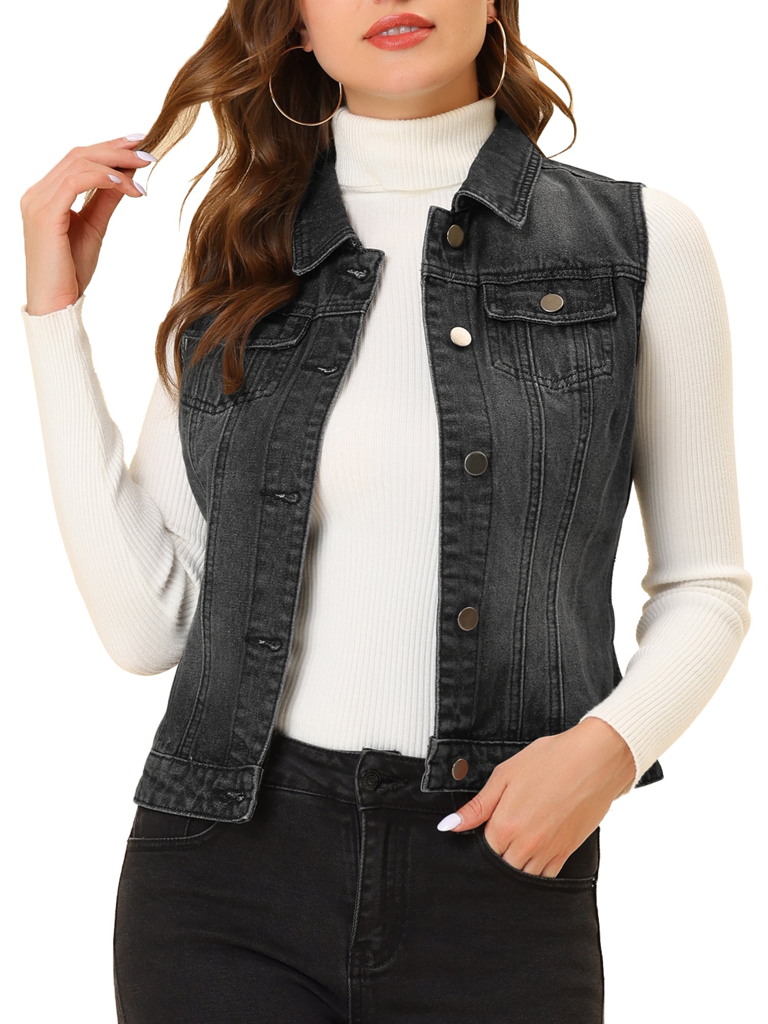 Buttoned Chest Flap Pocket Washed Denim Jacket Vest