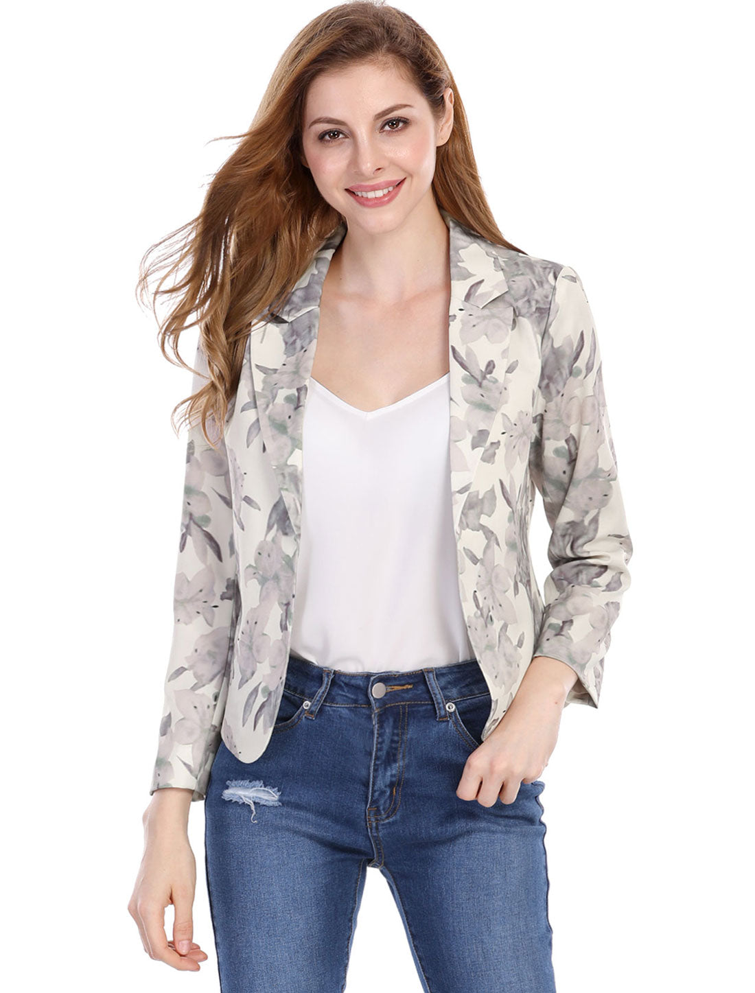 Open Front Floral Work Business Crop Blazer Jacket