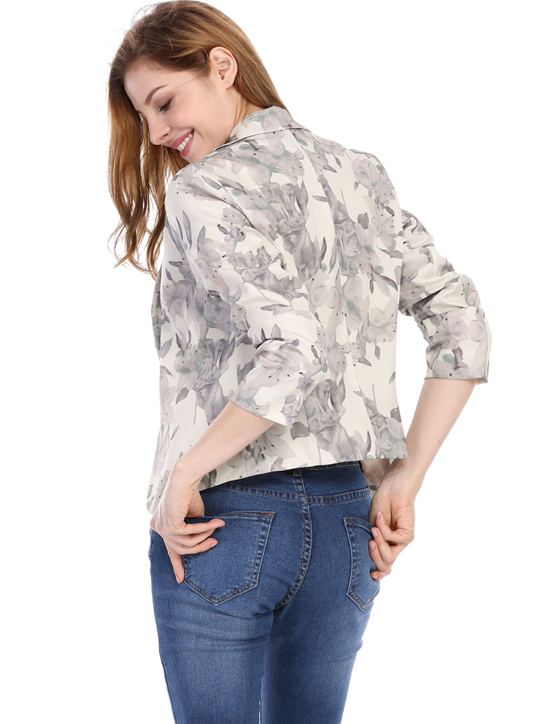 Open Front Floral Work Business Crop Blazer Jacket