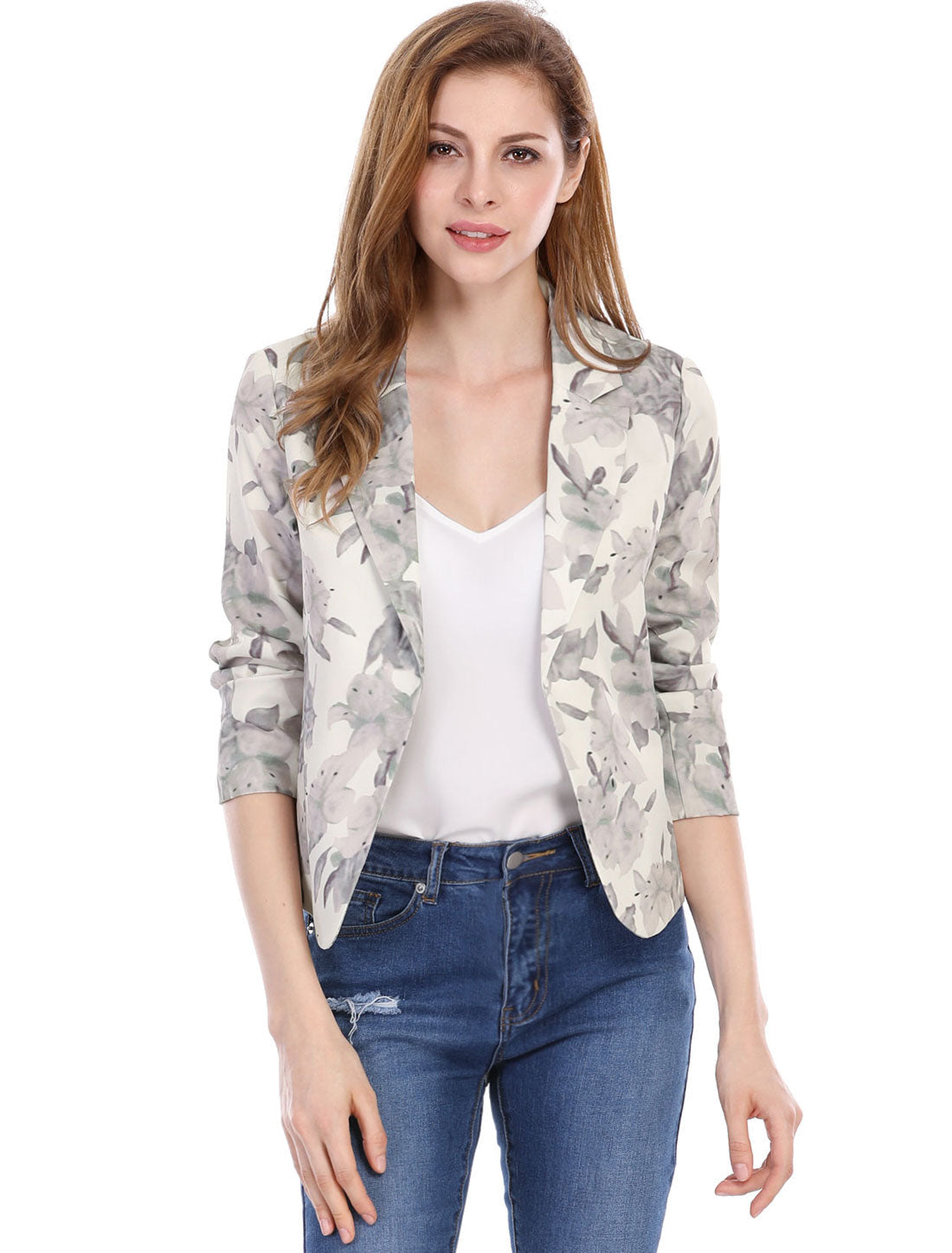 Open Front Floral Work Business Crop Blazer Jacket