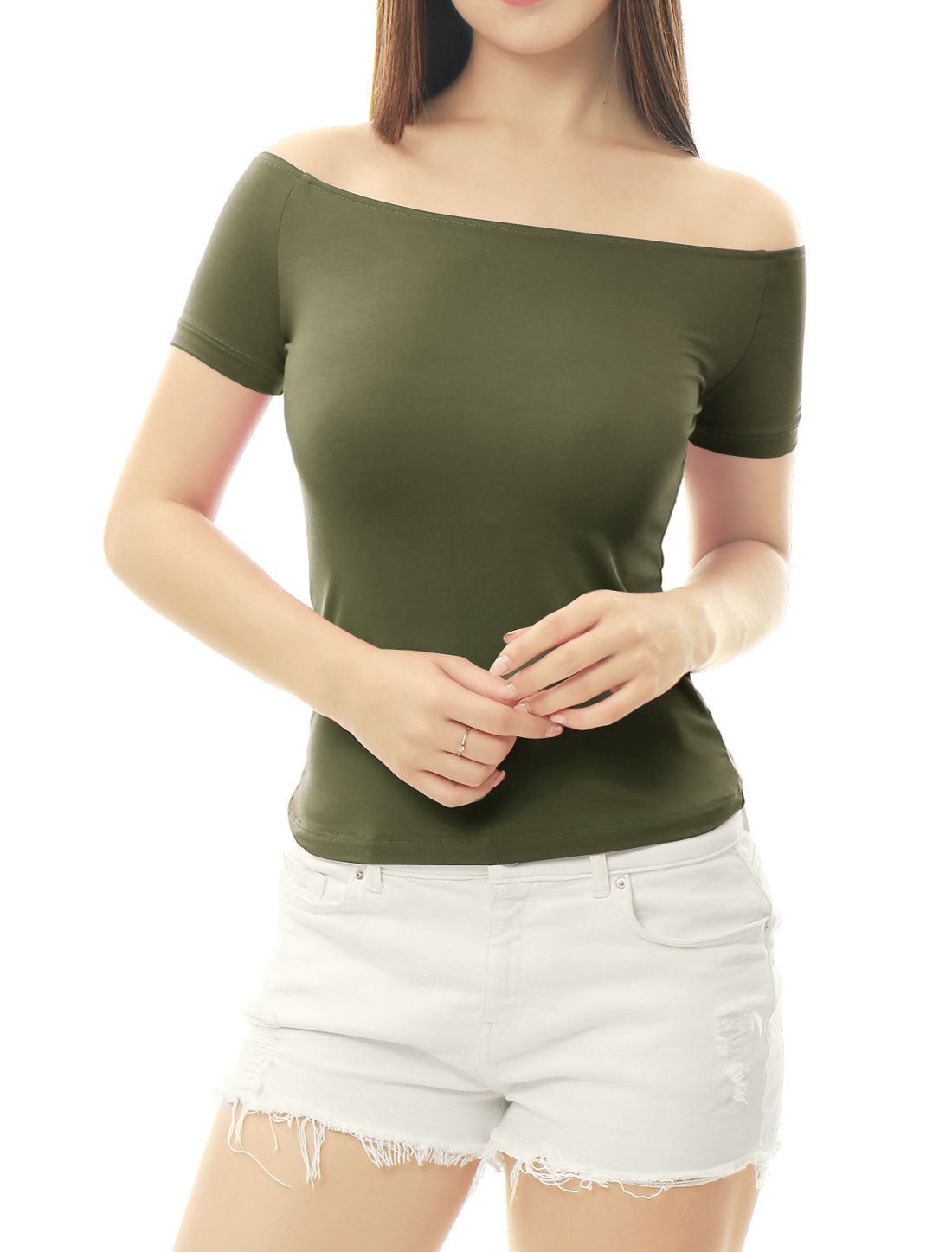 Off Shoulder Short Sleeve Solid Basic Sexy Slim Fit Blouse