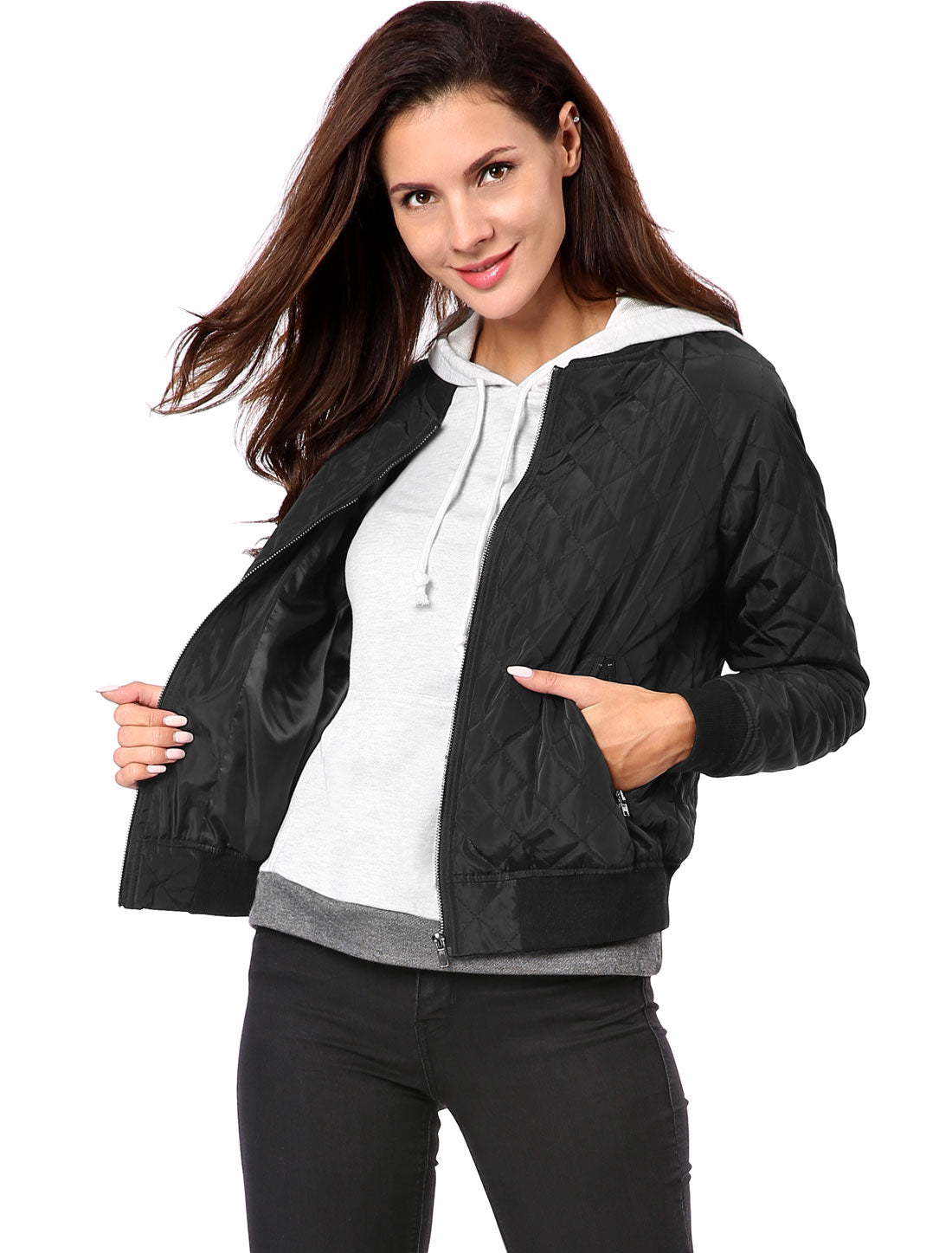 Casual Zip Up Raglan Long Sleeve Quilted Bomber Jacket