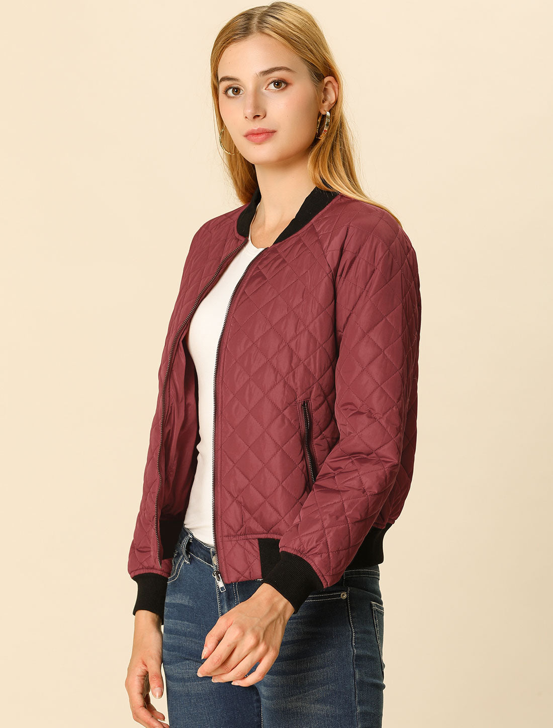 Casual Zip Up Raglan Long Sleeve Quilted Bomber Jacket