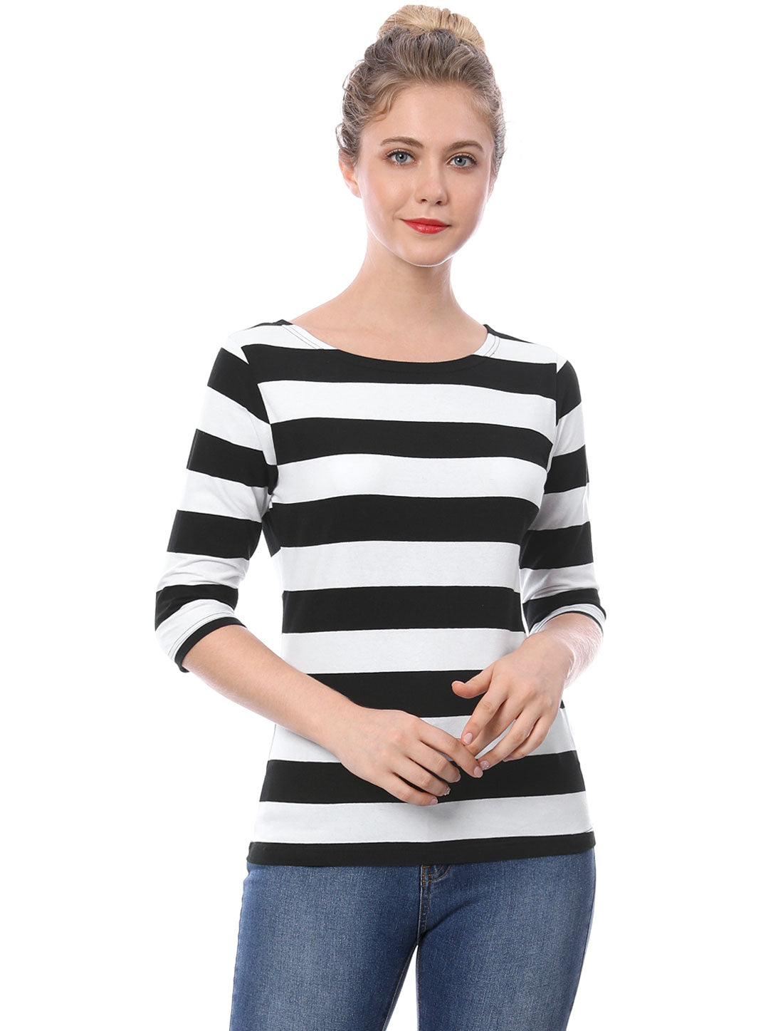 Striped 3/4 Sleeve Casual Basic Boat Neck T-shirt