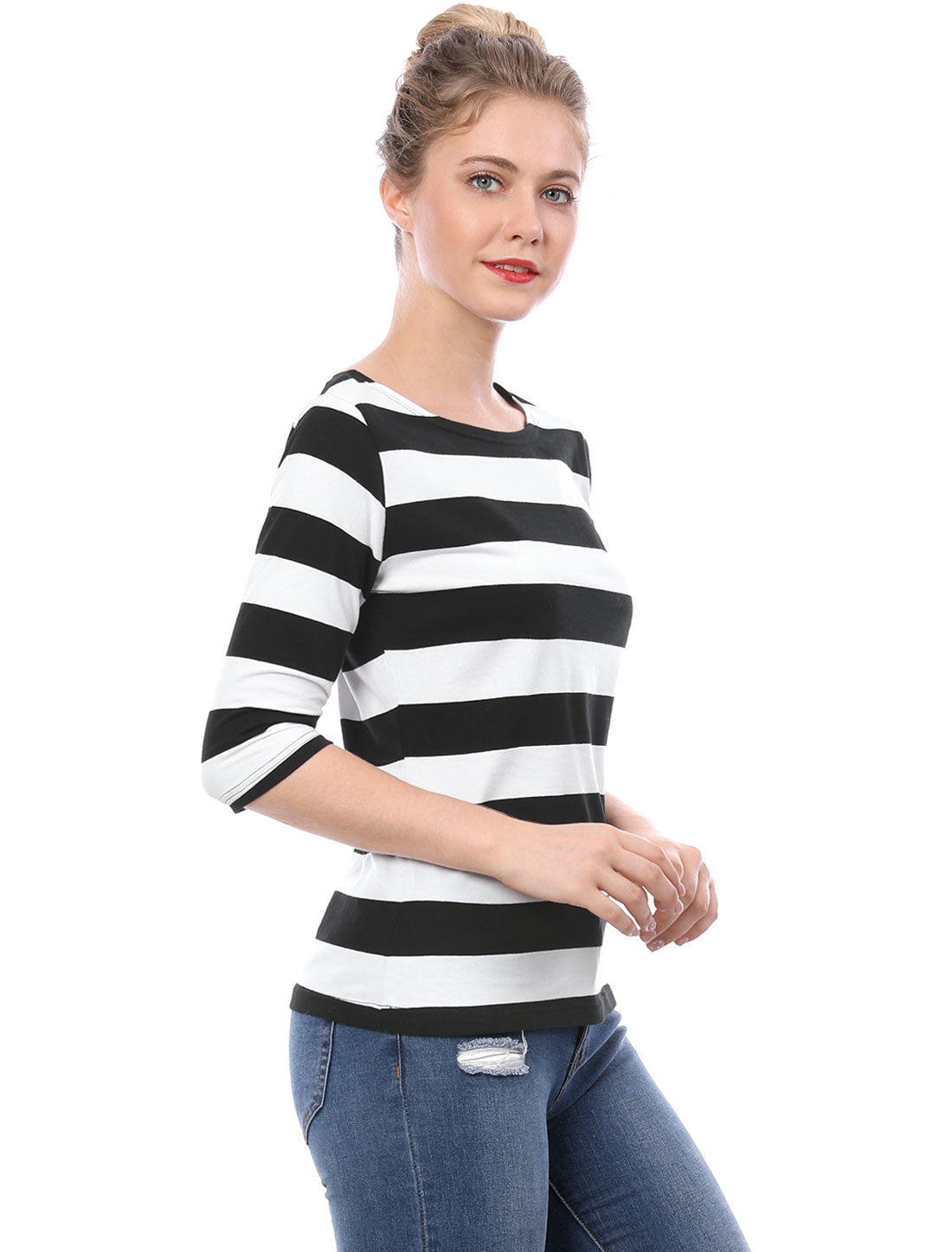 Striped 3/4 Sleeve Casual Basic Boat Neck T-shirt