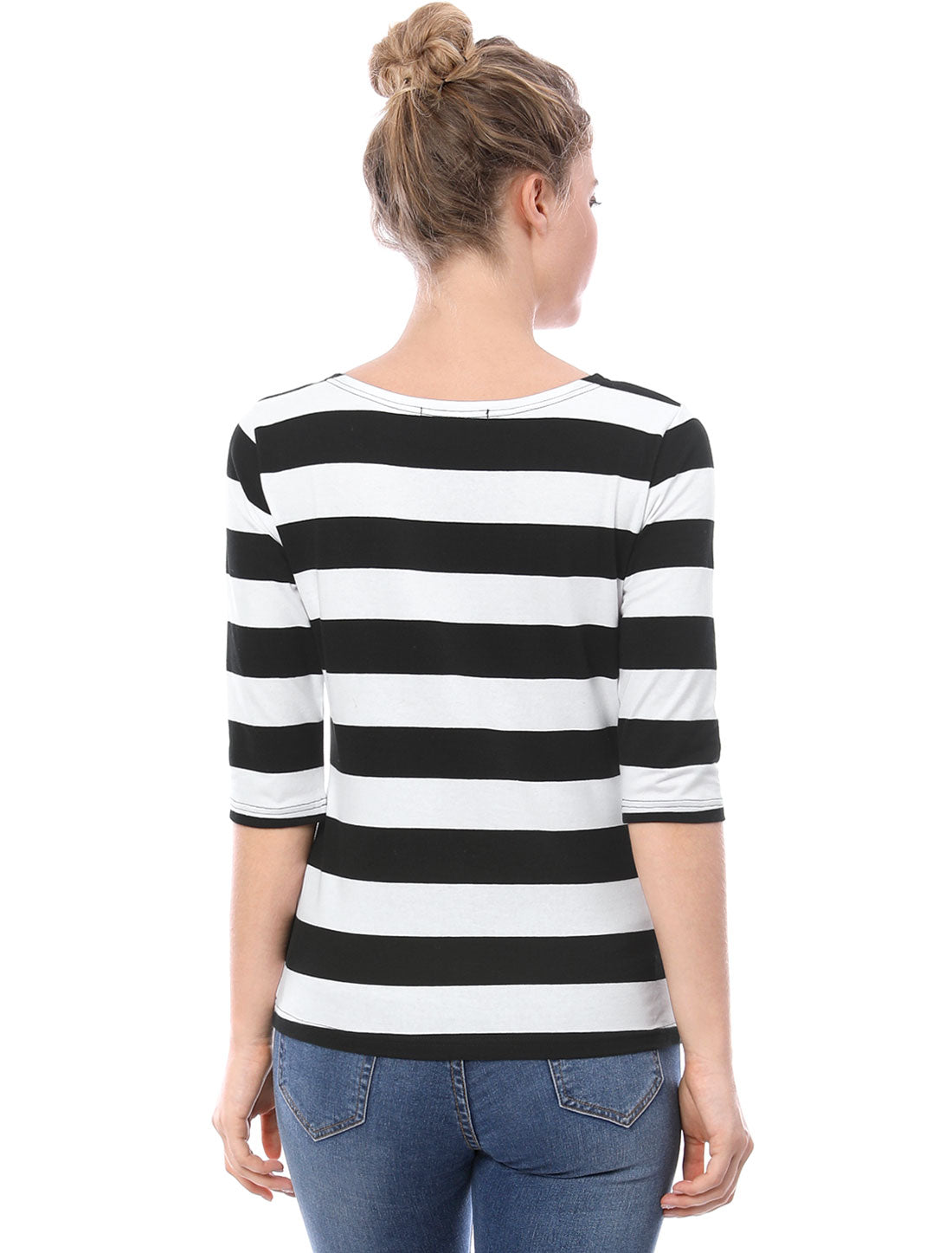Striped 3/4 Sleeve Casual Basic Boat Neck T-shirt