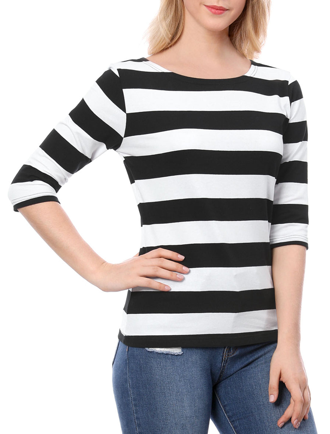 Striped 3/4 Sleeve Casual Basic Boat Neck T-shirt
