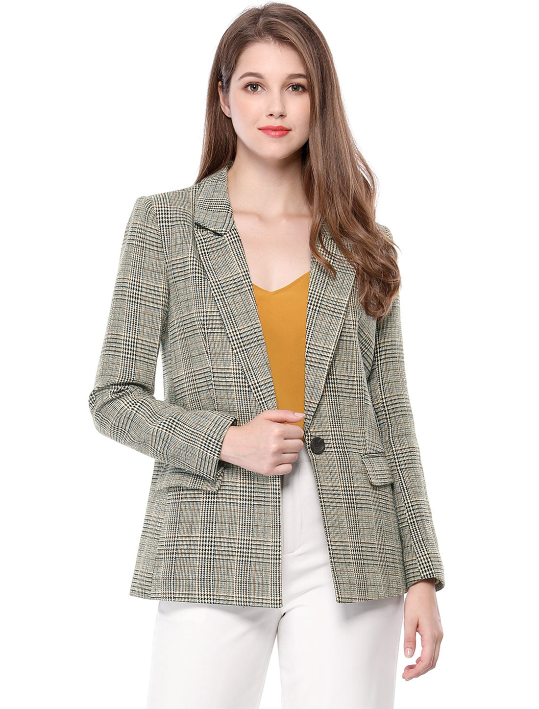 Plaid Notched Lapel One Button Houndstooth Blazer Jacket
