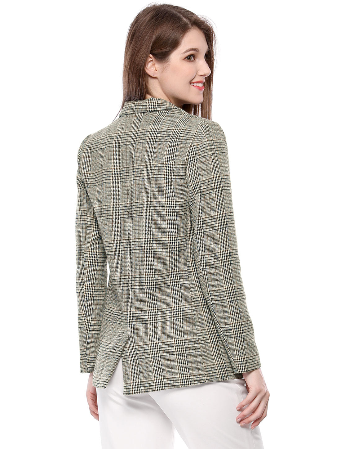 Plaid Notched Lapel One Button Houndstooth Blazer Jacket