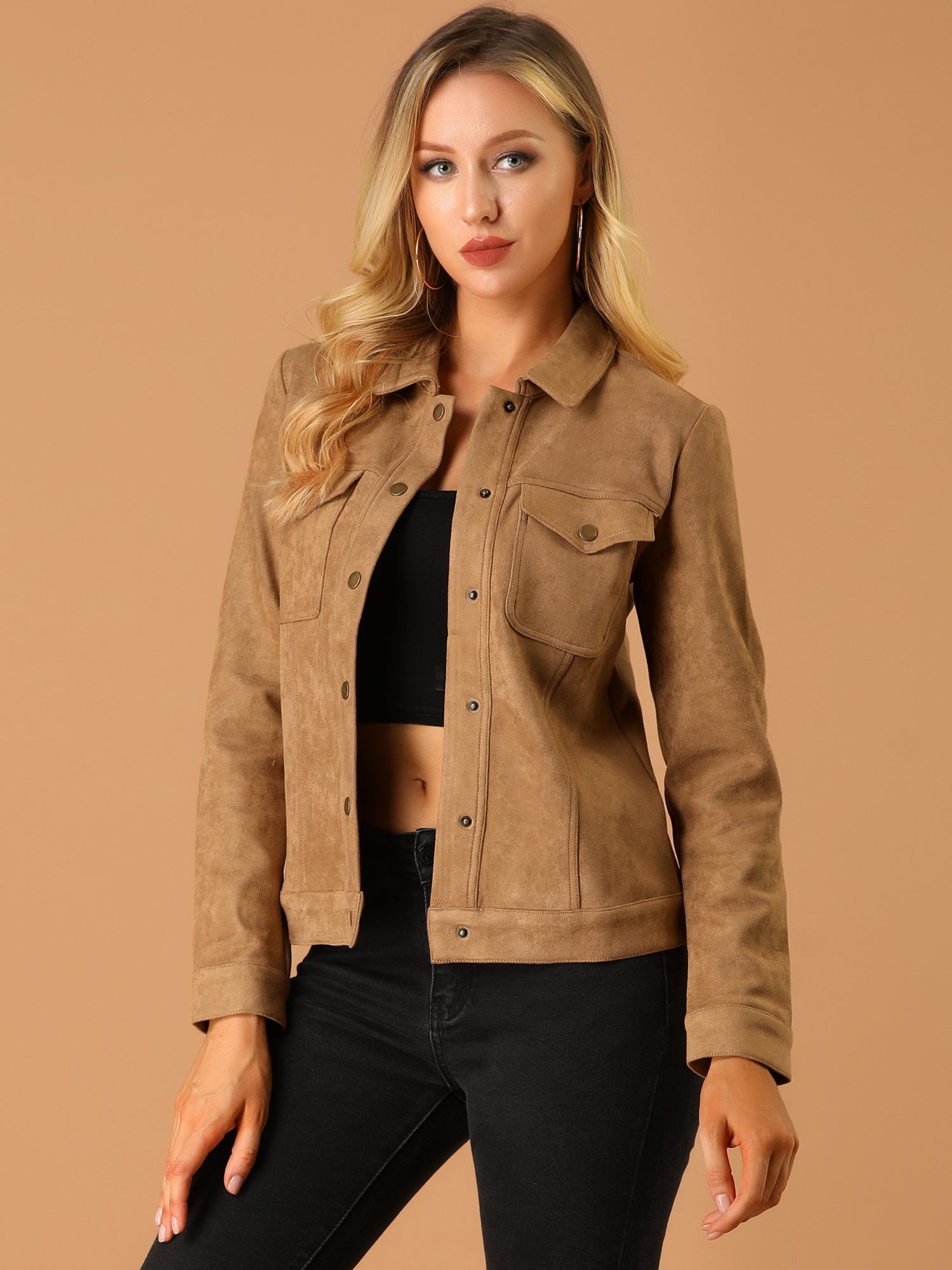 Faux Suede Turn-Down Collar Flap Pocket Snap Button Jacket