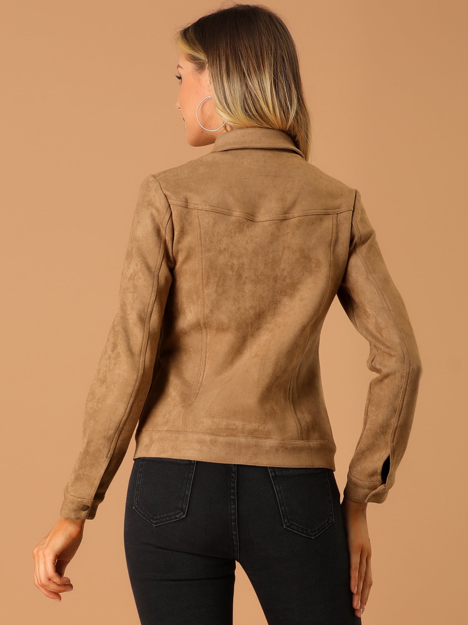 Faux Suede Turn-Down Collar Flap Pocket Snap Button Jacket